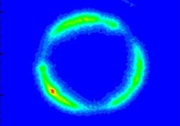 The particle density distribution is shown for different layers of a powder gas stream from a three-beam powder nozzle used in laser materials deposition.