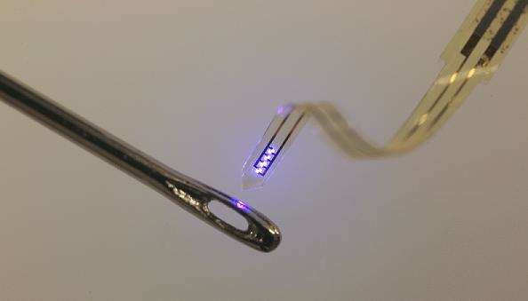 A thin plastic ribbon printed with advanced electronics is threaded through the eye of an ordinary sewing needle. The device, containing LEDs, electrodes and sensors, can be injected into the brain or other organs.