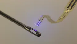 A thin plastic ribbon printed with advanced electronics is threaded through the eye of an ordinary sewing needle. The device, containing LEDs, electrodes and sensors, can be injected into the brain or other organs. A thin plastic ribbon printed with advanced electronics is threaded through the eye of an ordinary sewing needle. The device, containing LEDs, electrodes and sensors, can be injected into the brain or other organs.