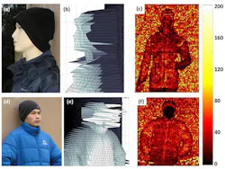 3D images of a mannequin (top) and actual person (bottom) are shown at a distance of 325 m. The left-hand panels show close-up photos of the targets taken with a standard camera. In the center are 3D images of these targets taken by the new scanner from 325 m away. On the right is a color-coded map showing the number of photons that bounce off the targets and return to the detector, with black indicating a low number of photons. Notice that human skin does not show up well using the scanner: the mannequin's face includes depth information, but the person's face does not. 3D images of a mannequin (top) and actual person (bottom) are shown at a distance of 325 m. The left-hand panels show close-up photos of the targets taken with a standard camera. In the center are 3D images of these targets taken by the new scanner from 325 m away. On the right is a color-coded map showing the number of photons that bounce off the targets and return to the detector, with black indicating a low number of photons. Notice that human skin does not show up well using the scanner: the mannequin's face includes depth information, but the person's face does not.