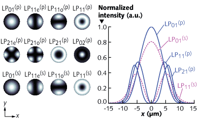 The intensity profile of pump and signal modes are shown for a few-moded fiber amplifier (left), along with their normalized intensity profiles as viewed along the x-axis (right).