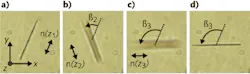 A nanowire is pushed by an optical trap along the z-axis (perpendicular to the plane of these images), also causing the nanowire to rotate (a through c). The trap light is then blocked, the microscope refocused, and the trap light unblocked (d). A nanowire is pushed by an optical trap along the z-axis (perpendicular to the plane of these images), also causing the nanowire to rotate (a through c). The trap light is then blocked, the microscope refocused, and the trap light unblocked (d).