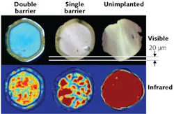 Visible and infrared images of light transmission are shown in sapphire fibers with cladding made by proton-ion implantation and annealing at 1700°C. An unimplanted fiber shows a uniform distribution of light. Fiber with a single ion-implanted barrier shows light confined to the core region 20 μm from the fiber surface, which was the target depth of the implant. When a second ion-modified barrier is added, light is confined to two separate regions in the fiber. Visible and infrared images of light transmission are shown in sapphire fibers with cladding made by proton-ion implantation and annealing at 1700°C. An unimplanted fiber shows a uniform distribution of light. Fiber with a single ion-implanted barrier shows light confined to the core region 20 μm from the fiber surface, which was the target depth of the implant. When a second ion-modified barrier is added, light is confined to two separate regions in the fiber.