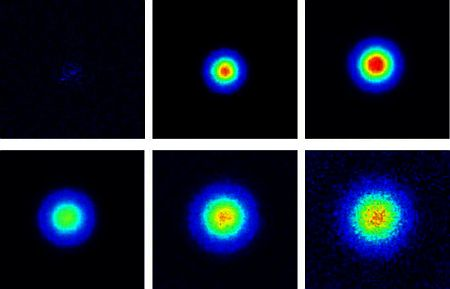 Diffusion of light in a disordered, cloudy medium at intervals of 1 ns. After about 4 ns, the light stops spreading any further.