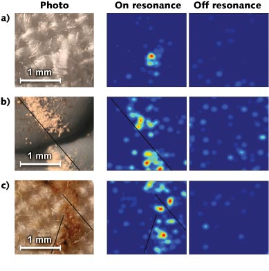 Standoff stimulated Raman scattering (SRS) images of ammonium nitrate (NH3NO4) are shown on (a) cotton at a 10 m distance and (b) blue textured plastic at 7.5 m; the explosive TNT is also shown on (c) cotton at 10 m. Substrate sample distribution is approximately 100 &mu;g/cm2. The on/off resonance frequencies targeted using the pulse shaper for detecting ammonium nitrate are 1043 cm-1/950 cm-1; the values for the TNT sample are 1360 cm-1/1043 cm-1.