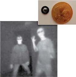 A Fresnel lens, 1 mm thick and with a diameter of a little less than 4 mm, is shown next to a Euro cent for comparison (inset); the lens allows images such as this one to be taken at IR wavelengths normally inaccessible to Si lenses. A Fresnel lens, 1 mm thick and with a diameter of a little less than 4 mm, is shown next to a Euro cent for comparison (inset); the lens allows images such as this one to be taken at IR wavelengths normally inaccessible to Si lenses.