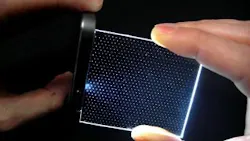 Light from a sparse hexagonal array of pinlights is projected through a spatial light modulator (SLM) to produce a wide-field image on the eye’s retina. The pinlight array and the SLM (one of each per eye) are mounted on eyeglass frames, resulting in a lightweight wearable augmented-reality display. Light from a sparse hexagonal array of pinlights is projected through a spatial light modulator (SLM) to produce a wide-field image on the eye’s retina. The pinlight array and the SLM (one of each per eye) are mounted on eyeglass frames, resulting in a lightweight wearable augmented-reality display.