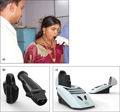 Operation of the TB Breathalyzer is simple and fast: First, the patient coughs into the collection tube (a), which the technician then twists (b) and inserts into the optical reader (c). The reader takes just two minutes to display the result.