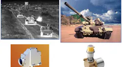 A Sofradir VEGA QWIP-based FPA is used for thermal imaging of military vehicles (top left, IR image from QWIP camera; top right, visible image of vehicle). The FPA, housed in its integrated detector dewar assembly, is seen at lower right; the Thales camera into which the assembly is integrated is see at lower left. A Sofradir VEGA QWIP-based FPA is used for thermal imaging of military vehicles (top left, IR image from QWIP camera; top right, visible image of vehicle). The FPA, housed in its integrated detector dewar assembly, is seen at lower right; the Thales camera into which the assembly is integrated is see at lower left.