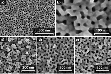 Scanning electron microscope images show mesoporous gold films ([a] and [b] on different scales) prepared with an electrolytic solution that creates micelles critical to film fabrication. Different electrolyte compositions produce films with different or 'tunable' pore sizes (c, d, and e).