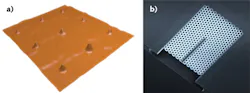 FIGURE 2. An atomic-force microscope image shows precisely positioned quantum dots on a substrate (a). A photonic-crystal waveguide surrounds a quantum dot and confines the emitted single photons in two dimensions (b). FIGURE 2. An atomic-force microscope image shows precisely positioned quantum dots on a substrate (a). A photonic-crystal waveguide surrounds a quantum dot and confines the emitted single photons in two dimensions (b).