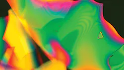 A dielectric multilayer stack coating, measuring 0.5 μm in total thickness, that has been intentionally released from the optic surface before imaging. The image was taken at 200x using a Nomarski microscope. A dielectric multilayer stack coating, measuring 0.5 μm in total thickness, that has been intentionally released from the optic surface before imaging. The image was taken at 200x using a Nomarski microscope.