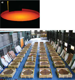 CLEARCERAM-Z HS boules produced at Ohara's factory in Japan (a) will be further processed to become the M1 primary mirror segment blanks that, when placed in a closely fitting hexagonal array, will form the TMT's primary. Some of the more than 100 mirror blanks already produced by Ohara undergo an inspection (b). CLEARCERAM-Z HS boules produced at Ohara's factory in Japan (a) will be further processed to become the M1 primary mirror segment blanks that, when placed in a closely fitting hexagonal array, will form the TMT's primary. Some of the more than 100 mirror blanks already produced by Ohara undergo an inspection (b).