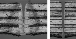 FIGURE 2. Cross-section of carbon fiber-reinforced composites (60% CF + epoxy resin). Left: cross-section using gas-assisted laser cutting; and right: cross-section using remote laser cutting (multicycle treatment). FIGURE 2. Cross-section of carbon fiber-reinforced composites (60% CF + epoxy resin). Left: cross-section using gas-assisted laser cutting; and right: cross-section using remote laser cutting (multicycle treatment).