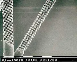 Ultraviolet (excimer) lasers are used to simultaneously drill holes in human hair by means of the mask technique. Ultraviolet (excimer) lasers are used to simultaneously drill holes in human hair by means of the mask technique.