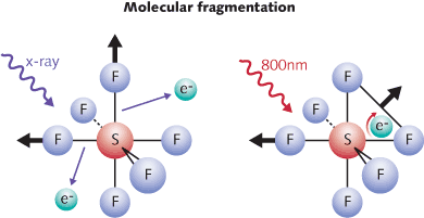 Fragmentation of a sulfur fluoride (SF6) molecule (six fluorine atoms surrounding a central sulfur atom) is determined by the state of the electrons. After two electrons are ejected by an attosecond x-ray pulse (left), the molecule might fragment by shedding two fluorine atoms (right). The remaining electrons' state is changed by a 5 fs, 800 nm pulse. The field of the pulse rearranges electrons, altering the fragmentation and leading to different products, like neutral F2 molecules, for example.