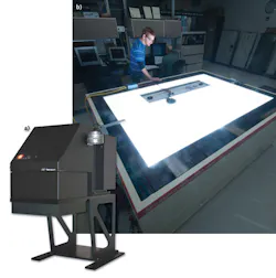 FIGURE 1. Solar simulators come in a large variety of shapes and sizes, with varying capabilities. A large-area simulator (a) tests a commercial silicon PV module. The module is face down with voltage and current wires going toward the technician; the two metal pieces at each end correct for intensity variation during the flash. (Courtesy of Spire Solar) Many commercial solar simulators are much smaller in size (b). (Courtesy of Newport Oriel Instruments) FIGURE 1. Solar simulators come in a large variety of shapes and sizes, with varying capabilities. A large-area simulator (a) tests a commercial silicon PV module. The module is face down with voltage and current wires going toward the technician; the two metal pieces at each end correct for intensity variation during the flash. (Courtesy of Spire Solar) Many commercial solar simulators are much smaller in size (b). (Courtesy of Newport Oriel Instruments)