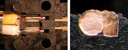 FIGURE 2. A small seam weld is made between a gold-plated copper connector of rectangular cross-section and a 0.016-in.-diameter cylindrical silver-plated copper wire (left). A cross-sectional view of the laser microweld shows a uniform weld seam. FIGURE 2. A small seam weld is made between a gold-plated copper connector of rectangular cross-section and a 0.016-in.-diameter cylindrical silver-plated copper wire (left). A cross-sectional view of the laser microweld shows a uniform weld seam.