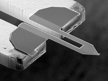 FIGURE 1. The cantilever and sharp tip span the tines of a quartz tuning fork in the Akiyama-probe resonant surface-probe sensor. The tines vibrate in an opposing motion while the cantilever vibrates perpendicular to the tine motion.
