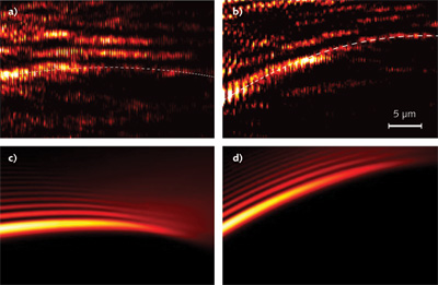 The trajectory of plasmonic Airy beams (PABs) can be manipulated by changing the angle of incidence of the light in the test setup. Experimental results show a PAB created with a 7&ordm; incident angle (a) and a 28&ordm; incident angle (b). The lower images are the corresponding numerical simulations (c) and (d), respectively. Scale bar is 5 &micro;m.
