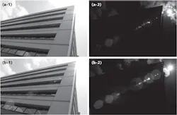 FIGURE 6. Low-index antireflection (AR) coatings containing porous fluoride nanoparticle layers designed for AR performance in the visible region also work well in the IR. Visible performance for a lens using the nanoparticle coating (a-1) is compared to that for a lens using conventional coating (b-1); IR performance for the same lens with nanoparticle coating (a-2) is compared to that for the lens with conventional coating (b-2). FIGURE 6. Low-index antireflection (AR) coatings containing porous fluoride nanoparticle layers designed for AR performance in the visible region also work well in the IR. Visible performance for a lens using the nanoparticle coating (a-1) is compared to that for a lens using conventional coating (b-1); IR performance for the same lens with nanoparticle coating (a-2) is compared to that for the lens with conventional coating (b-2).