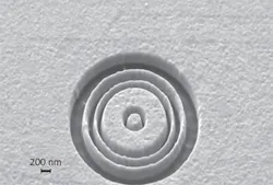 FIGURE 7. A four-ring surface-plasmon lens is fabricated in a 100-nm-thick gold layer deposited on the end of an optical fiber. FIGURE 7. A four-ring surface-plasmon lens is fabricated in a 100-nm-thick gold layer deposited on the end of an optical fiber.