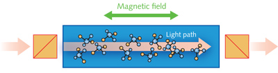 FIGURE 1. A schematic shows the Faraday rotation spectroscopy (FRS) detection scheme. The input linearly polarized light is a superposition of two circularly polarized waves that have different refractive indices under magnetic circular birefringence (MCB). The FRS signal is measured by placing the sample between two polarizers so that the Faraday rotation can be detected as intensity modulation of the light emerging from the second polarizer. The magnetic field is in the same direction with the light path.