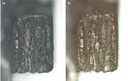 FIGURE 5. Improper processing yields severe carbonization (a), whereas optimizing the process for best-quality results in a much cleaner cut (b). FIGURE 5. Improper processing yields severe carbonization (a), whereas optimizing the process for best-quality results in a much cleaner cut (b).