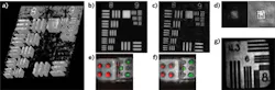 FIGURE 2. a) A 3D view of the USAF pattern is composed of a stack of reconstructed FINCH images taken over an axial range of 60 μm. b) A zoomed-in USAF pattern from a full-field standard microscope image is compared to (c) a digitally reconstructed FINCH image of the same USAF pattern. d) Magnitude (left) and phase (right) are shown for the noise-suppressed FINCH generated from 36 raw holograms. A composition of digital reconstructions of three FINCH holograms of red and green fluorescent dice is shown with focus on (e) the front and (f) the back die. g) The corresponding best in-focus reconstructed planes are shown from the noise-suppressed FINCH of image (d). FIGURE 2. a) A 3D view of the USAF pattern is composed of a stack of reconstructed FINCH images taken over an axial range of 60 μm. b) A zoomed-in USAF pattern from a full-field standard microscope image is compared to (c) a digitally reconstructed FINCH image of the same USAF pattern. d) Magnitude (left) and phase (right) are shown for the noise-suppressed FINCH generated from 36 raw holograms. A composition of digital reconstructions of three FINCH holograms of red and green fluorescent dice is shown with focus on (e) the front and (f) the back die. g) The corresponding best in-focus reconstructed planes are shown from the noise-suppressed FINCH of image (d).