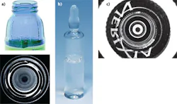 FIGURE 4. Pericentric lenses can image 3D objects using just one camera. Here, defects in bottleneck threads can be detected (a) and glass ampoules—this one containing the drug Nerixia as labeled—can be imaged from top to bottom (b and c). FIGURE 4. Pericentric lenses can image 3D objects using just one camera. Here, defects in bottleneck threads can be detected (a) and glass ampoules—this one containing the drug Nerixia as labeled—can be imaged from top to bottom (b and c).
