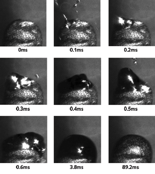 FIGURE 1. A sequence of images from the Surfi-sculpt process was shot using a high-speed camera and copper-vapor laser. A 1070 nm laser melts the steel surface and moves the molten material into a column. Significant amounts of light are emitted by the hot plasma surrounding the event, but this is removed by a short camera exposure and suitable bandpass filters.