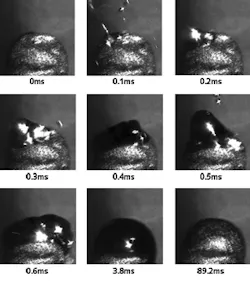 FIGURE 1. A sequence of images from the Surfi-sculpt process was shot using a high-speed camera and copper-vapor laser. A 1070 nm laser melts the steel surface and moves the molten material into a column. Significant amounts of light are emitted by the hot plasma surrounding the event, but this is removed by a short camera exposure and suitable bandpass filters. FIGURE 1. A sequence of images from the Surfi-sculpt process was shot using a high-speed camera and copper-vapor laser. A 1070 nm laser melts the steel surface and moves the molten material into a column. Significant amounts of light are emitted by the hot plasma surrounding the event, but this is removed by a short camera exposure and suitable bandpass filters.