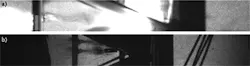 FIGURE 2. Two images of a projectile impacting an armor plate show the effect of including a bandpass filter. Projectile velocity is approximately 715 m/s and both images are illuminated with a fiber-delivered copper-vapor laser, in this case, running at a 22 kHz repetition rate. The bright fireball from the impact completely obscures the position of the projectile because there is no filter present (a), while an additional bandpass filter was fitted to the camera to exclude the light emitted by the impaction of the projectile (center of image), allowing it to be seen clearly (b). FIGURE 2. Two images of a projectile impacting an armor plate show the effect of including a bandpass filter. Projectile velocity is approximately 715 m/s and both images are illuminated with a fiber-delivered copper-vapor laser, in this case, running at a 22 kHz repetition rate. The bright fireball from the impact completely obscures the position of the projectile because there is no filter present (a), while an additional bandpass filter was fitted to the camera to exclude the light emitted by the impaction of the projectile (center of image), allowing it to be seen clearly (b).