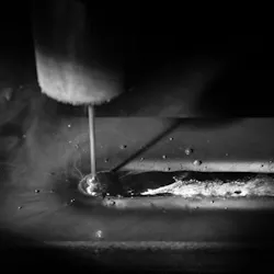 FIGURE 3. The splashing of molten metal is clearly visible within the melt pool of a gas metal arc-welding process. The image was captured at 5000 fps with an exposure time of 2 μs and illuminated by an Oxford Lasers Firefly 300 W laser diode delivered through a flexible light guide. FIGURE 3. The splashing of molten metal is clearly visible within the melt pool of a gas metal arc-welding process. The image was captured at 5000 fps with an exposure time of 2 μs and illuminated by an Oxford Lasers Firefly 300 W laser diode delivered through a flexible light guide.