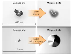 FIGURE 1. Laser-system optics can be damaged from repeated exposure to high-peak-power laser pulses: (left panels) damaged optic surface; and (right panels) repaired, or mitigated site. The upper panel shows the result of a 'slow annealing' process, while the lower panel shows a 'rapid microshaping' technique, currently employed at NIF. Several repair techniques have been developed at LLNL with the aim of extending the useable life of the optics. FIGURE 1. Laser-system optics can be damaged from repeated exposure to high-peak-power laser pulses: (left panels) damaged optic surface; and (right panels) repaired, or mitigated site. The upper panel shows the result of a 'slow annealing' process, while the lower panel shows a 'rapid microshaping' technique, currently employed at NIF. Several repair techniques have been developed at LLNL with the aim of extending the useable life of the optics.
