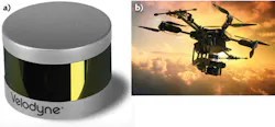 FIGURE 3. Miniature lidar systems like the Velodyne VLP-16 (a) are powerful enough for low-altitude aerial mapping with this eight-rotor UAV (b). FIGURE 3. Miniature lidar systems like the Velodyne VLP-16 (a) are powerful enough for low-altitude aerial mapping with this eight-rotor UAV (b).
