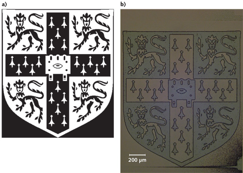Maskless holographic lithography produces a photoresist image (b) of a black-and-white representation of the University of Cambridge's crest (a).