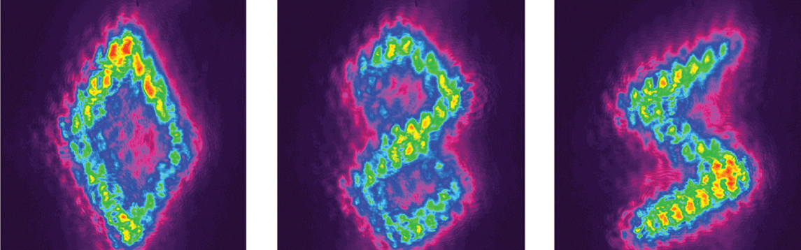 Three different 2D patterns produced by the output of two orthogonal beam deflectors were captured with a CCD camera. The same deflector technology is used in a 1 &times; 35 fiber-in, fiber-out EO switch (below).
