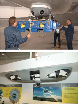 FIGURE 2. Removable IRCM pods for commercial aircraft include the Guardian from Northrop Grumman (a) and the C-MUSIC pod from Elbit Systems (b). FIGURE 2. Removable IRCM pods for commercial aircraft include the Guardian from Northrop Grumman (a) and the C-MUSIC pod from Elbit Systems (b).