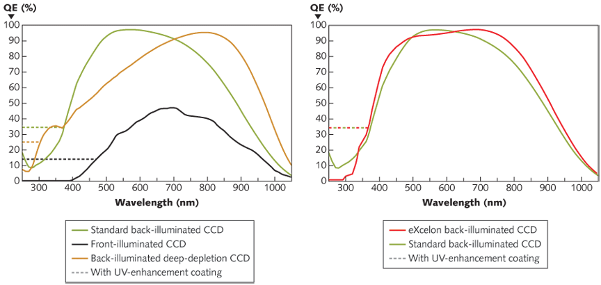 FIGURE 1. Typical QE is compared for traditional front-illuminated CCDs, standard thinned back-illuminated CCDs, and back-illuminated deep-depletion CCDs (left); a similar comparison is done for eXcelon back-illuminated CCDs and standard back-illuminated CCDs (right).