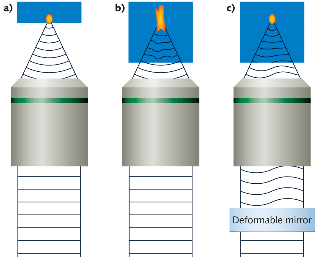 FIGURE 1. The spot generated when imaging at the first surface of the sample, where essentially no aberrations exist, is close to diffraction-limited (a). The spot generated when focusing deeper into the sample is enlarged by the aberrations present in the sample (b). By precompensating the sample aberrations with a DM, the spot can be restored to nearly diffraction-limited (c).