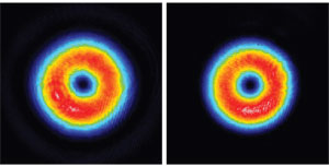 The combination of a liquid-crystal spatial-light modulator, a partially obscuring &pi; phase plate, and a pinhole change a Gaussian beam to a beam that, at the input end of a hollow-core fiber, has the TE01 mode (left). The beam retains its qualities in the fiber, as seen at the fiber's exit (right). The beam's doughnut shape is well suited for blue-detuned atom guiding.