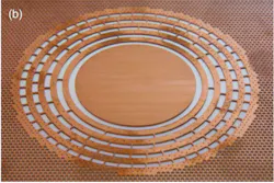 Thermal metamaterial designed to restrict flow of heat to the central circle. Patterns are cut in a 2 mm sheet of copper and when heat flows from left to right in the sheet (which is perforated to limit heat flow), the temperature is uniform across the central, unperforated area. For experiments, the open spaces in the rings are filled with a nonconductive material. Thermal metamaterial designed to restrict flow of heat to the central circle. Patterns are cut in a 2 mm sheet of copper and when heat flows from left to right in the sheet (which is perforated to limit heat flow), the temperature is uniform across the central, unperforated area. For experiments, the open spaces in the rings are filled with a nonconductive material.