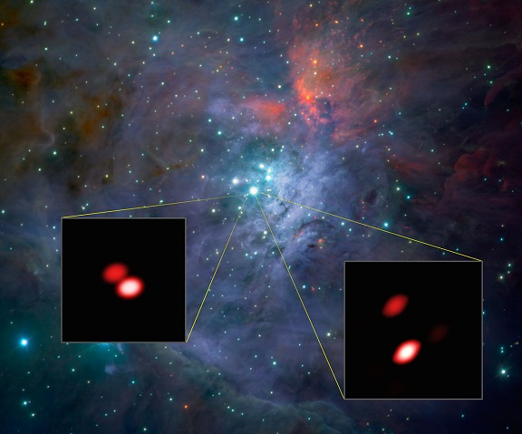 Observations with the new GRAVITY instrument revealed that one of the stars in the Orion Trapezium Cluster (Theta Orionis F, lower left) was found to be a double star for the first time; the brighter double star Theta Orionis C (lower right) is also well seen. The background image comes from the ISAAC instrument on ESO's Very Large Telescope. The views of two of the stars from GRAVITY, shown as inserts, reveal far finer detail than could be detected with the NASA/ESA Hubble Space Telescope.