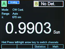 FIGURE 3. A general-purpose optical power meter can be used for photovoltaic applications. This one is displaying the sun unit. FIGURE 3. A general-purpose optical power meter can be used for photovoltaic applications. This one is displaying the sun unit.