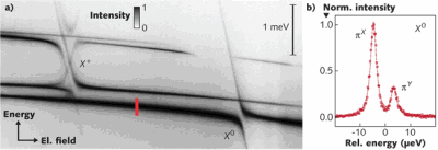 FIGURE 1. Optical energy spectra taken as a function of applied electric field reveal tunneling of a charge between two quantum dots (a). A slice (b) through the intense spectral line (red dash on left) is associated with the neutral quantum dot pair; two polarization components, &pi;X and &pi;Y, can be distinguished [1,2].
