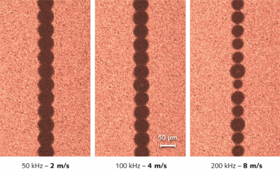 FIGURE 1. Consistency of individual ablation spots degrades at higher repetition rate and scan speed in a thin-film PV P2 scribe of a-Si panels using a typical DPSS Q-switched laser.