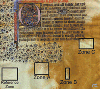 The effects of laser ablation on a muddied 16th-century Islamic parchment were studied with a spectrocolorimeter. The reference zone was untreated, while zones A, B, and C received 10,448, 3851, and 12,523 170-mJ pulses, respectively.