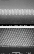 FIGURE 2. Photopolymer-replicated holographic square grating has a 3:1 aspect ratio (top). A two-dimensional motheye grating produced by the same process contains 200-nm features reproduced with high fidelity (bottom). FIGURE 2. Photopolymer-replicated holographic square grating has a 3:1 aspect ratio (top). A two-dimensional motheye grating produced by the same process contains 200-nm features reproduced with high fidelity (bottom).