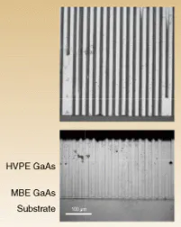 FIGURE 2. HVPE process was required to grow 200-µm-thick orientation-patterned film with 27-µm grating period seen from above (top) and in stained, etched cross section. FIGURE 2. HVPE process was required to grow 200-µm-thick orientation-patterned film with 27-µm grating period seen from above (top) and in stained, etched cross section.